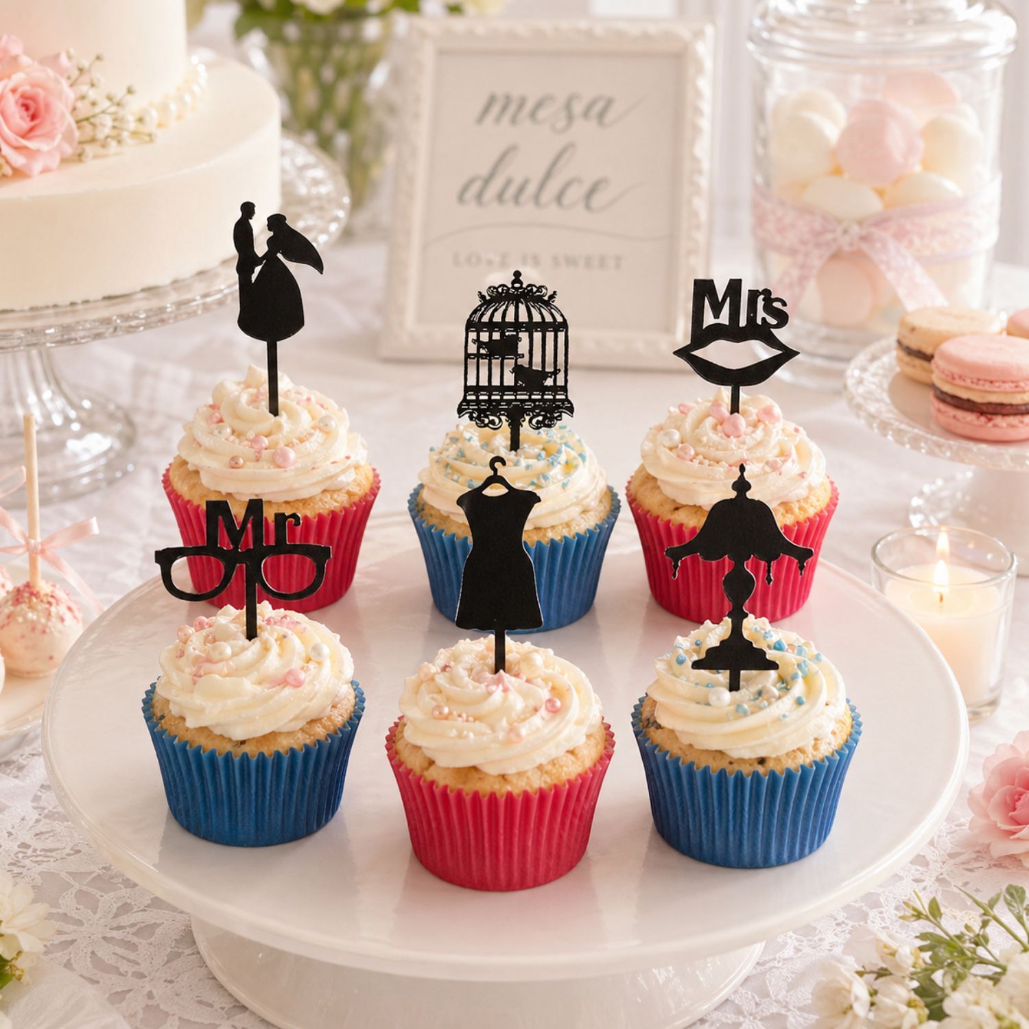 Set Cupcakes Com CÁpsulas Vermelhas E Azuis E Toppers Mr & Mrs (48 Un.) 2 Set Cupcakes Com CÁpsulas Vermelhas E Azuis E Toppers Mr & Mrs (48 Un.) - Image 2