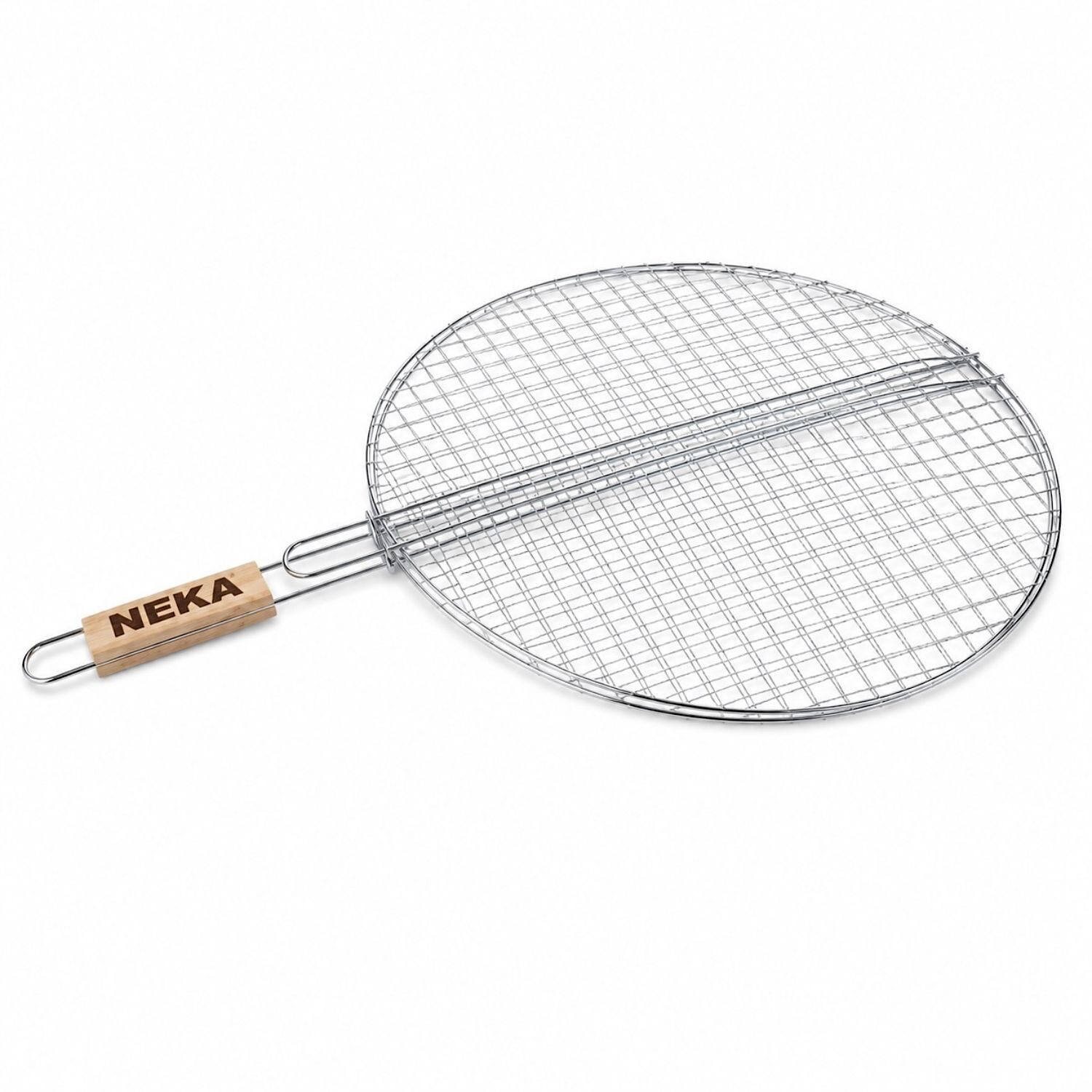 PARRILLA REDONDA PARA BARBACOA DE ACERO CROMADO CON MANGO DE MADERA NEKA - Ø 40 CM 1 PARRILLA REDONDA PARA BARBACOA DE ACERO CROMADO CON MANGO DE MADERA NEKA - Ø 40 CM