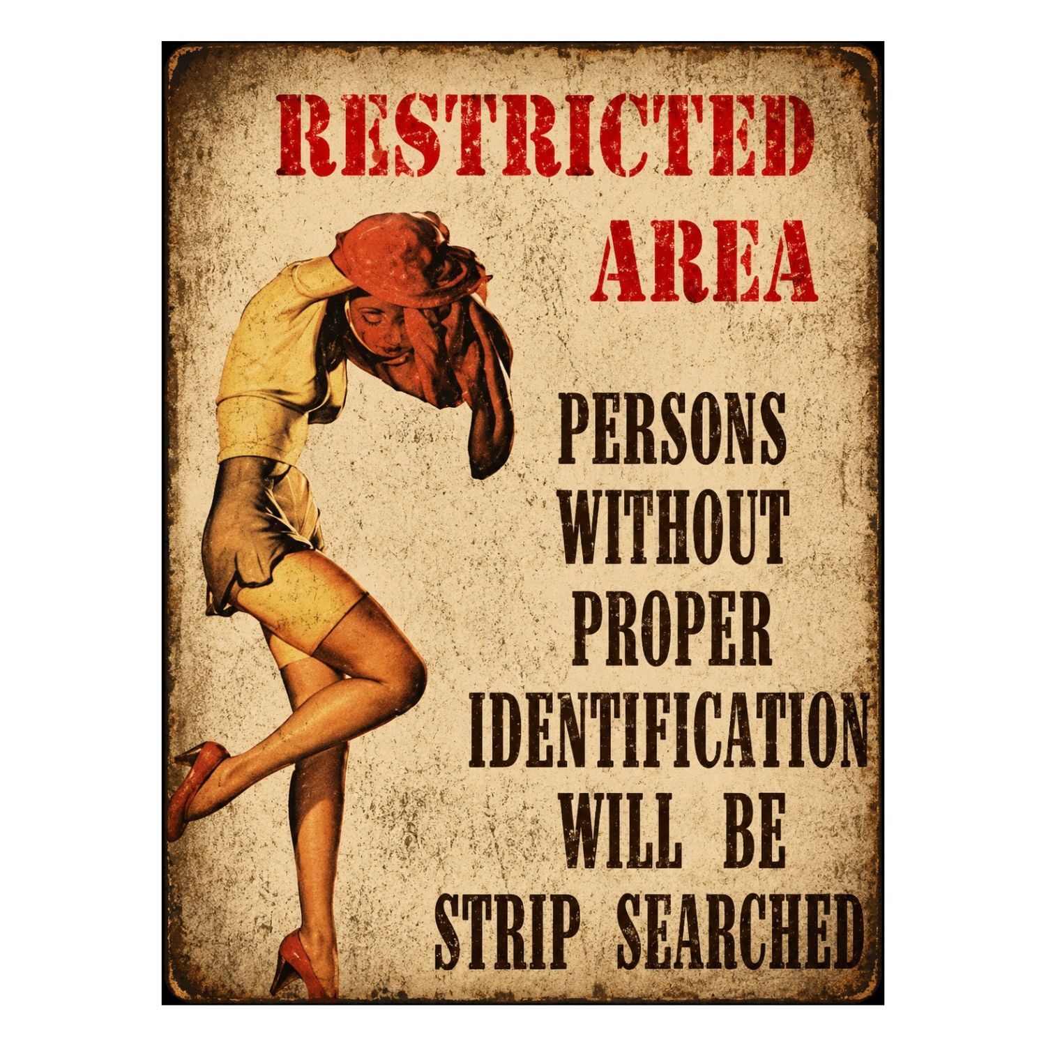 CHAPA METALICA DECORATIVA ZONA RESTRINGIDA “RESTRICTED AREA” PIN-UP VINTAGE - 40 X 30 CM 1 CHAPA METALICA DECORATIVA ZONA RESTRINGIDA “RESTRICTED AREA” PIN-UP VINTAGE - 40 X 30 CM