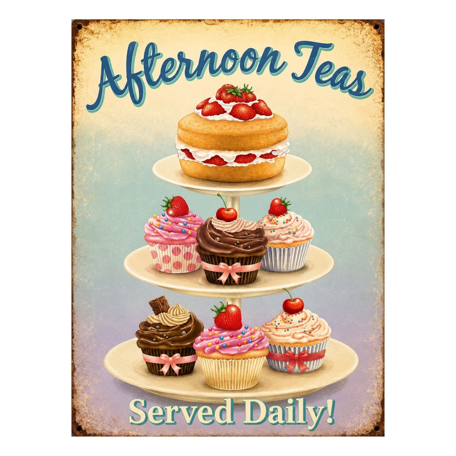 CHAPA METALICA DECORATIVA HORA DEL TE CON TARTA Y CUPCAKES VINTAGE – 40 X 30 CM 1 CHAPA METALICA DECORATIVA HORA DEL TE CON TARTA Y CUPCAKES VINTAGE – 40 X 30 CM