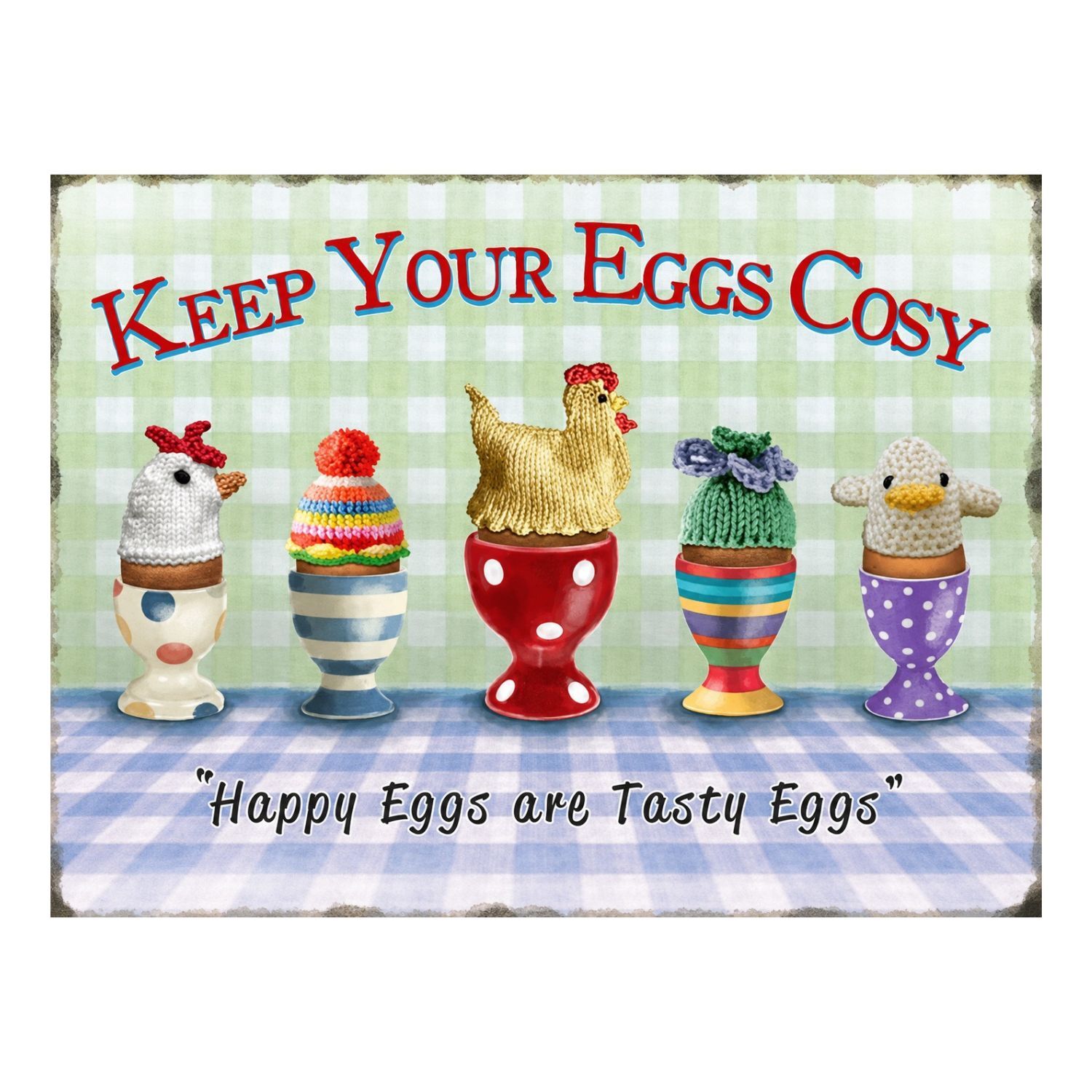CHAPA METALICA DECORATIVA HUEVOS CON GORRITOS "COSY EGGS" VINTAGE – 40 X 30 CM 1 CHAPA METALICA DECORATIVA HUEVOS CON GORRITOS "COSY EGGS" VINTAGE – 40 X 30 CM