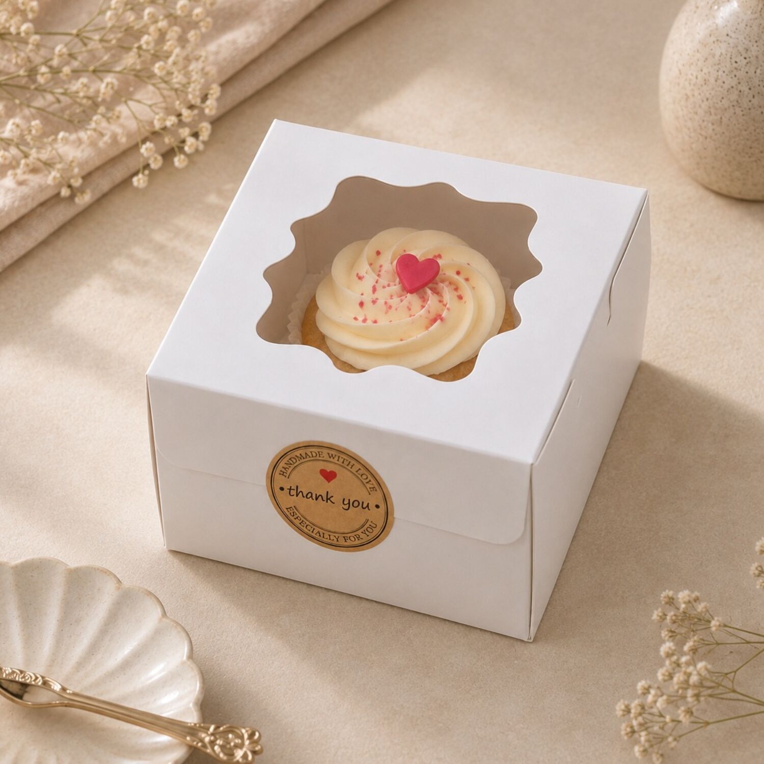 CAJA PARA 1 CUPCAKE BLANCA CON VENTANA Y PEGATINA “THANK YOU” - SET 50 U 3 CAJA PARA 1 CUPCAKE BLANCA CON VENTANA Y PEGATINA “THANK YOU” - SET 50 U - Imagen 3