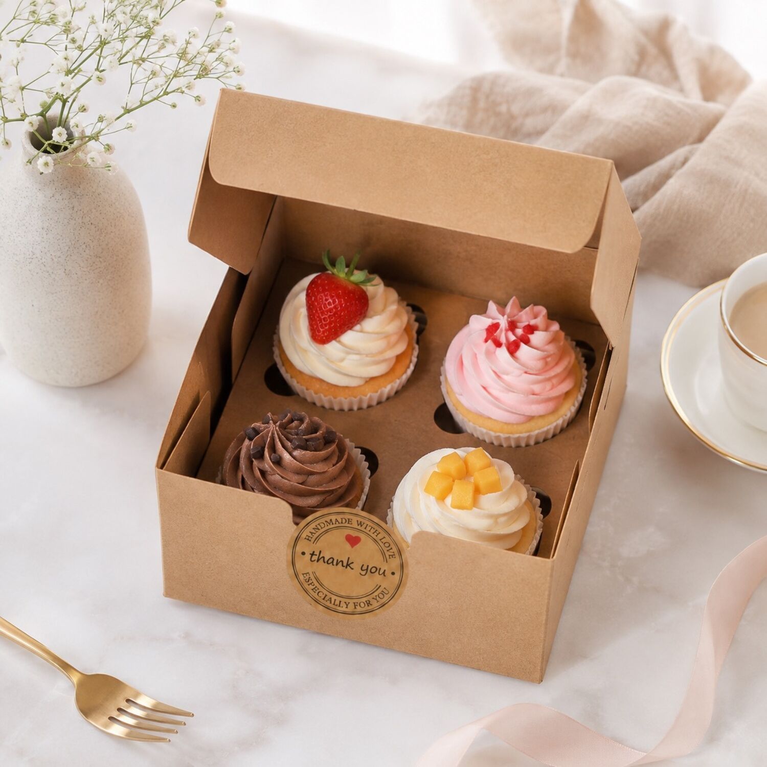 CAJA PARA 4 CUPCAKES KRAFT CON VENTANA, INSERT Y PEGATINA “THANK YOU” - SET 50 U 2 CAJA PARA 4 CUPCAKES KRAFT CON VENTANA, INSERT Y PEGATINA “THANK YOU” - SET 50 U - Imagen 2