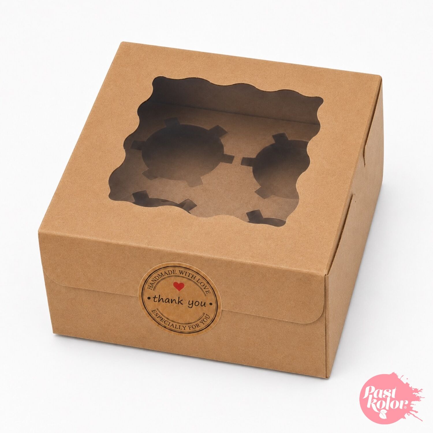 CAJA PARA 4 CUPCAKES KRAFT CON VENTANA, INSERT Y PEGATINA “THANK YOU” - SET 50 U 1 CAJA PARA 4 CUPCAKES KRAFT CON VENTANA, INSERT Y PEGATINA “THANK YOU” - SET 50 U