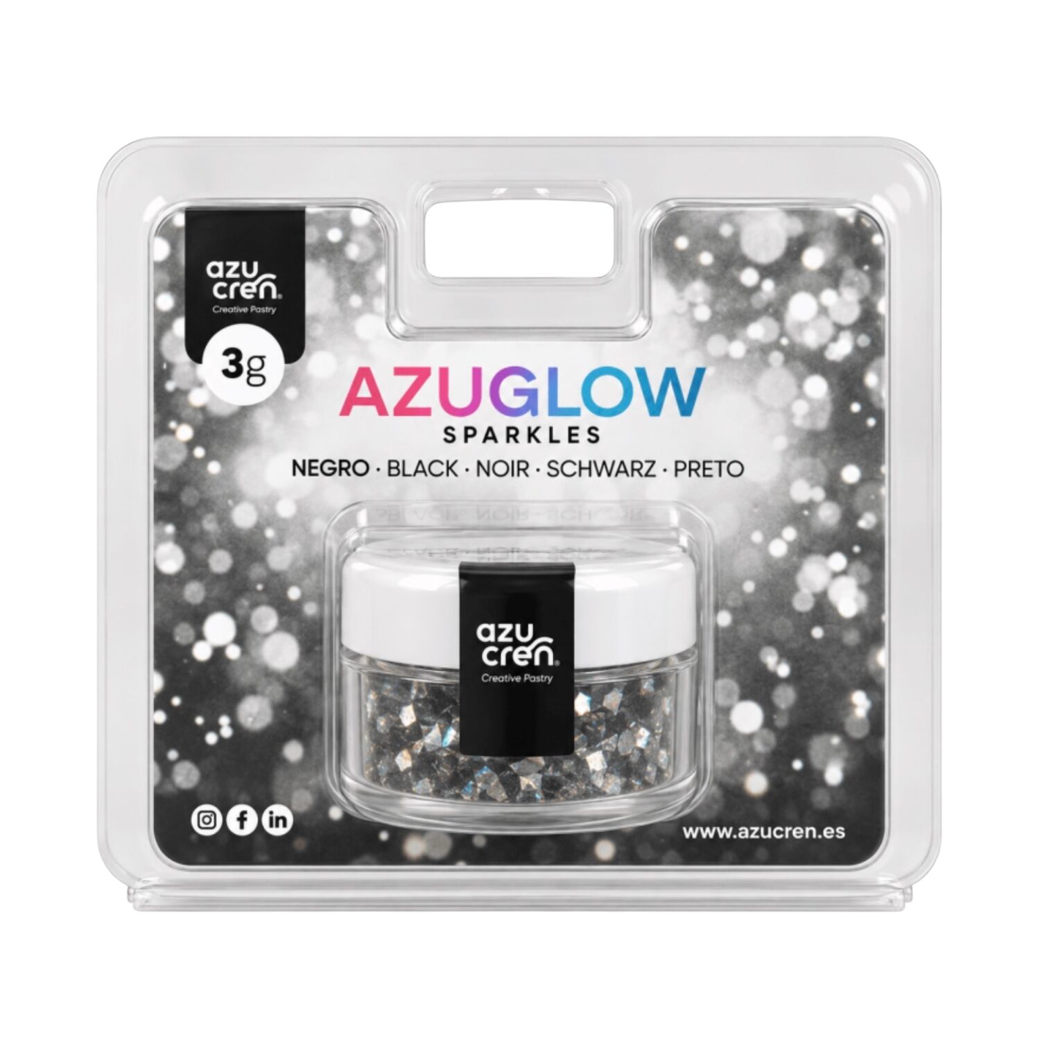 PURPURINA COMESTIBLE EN COPOS AZUGLOW AZUCREN - NEGRO 3 G 1 PURPURINA COMESTIBLE EN COPOS AZUGLOW AZUCREN - NEGRO 3 G